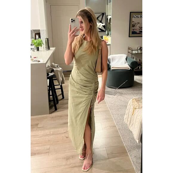 Third Form Drawn Deep Tank Maxi Dress Green Gathered Skirt Side Slit Sz 8 - Picture 4 of 13